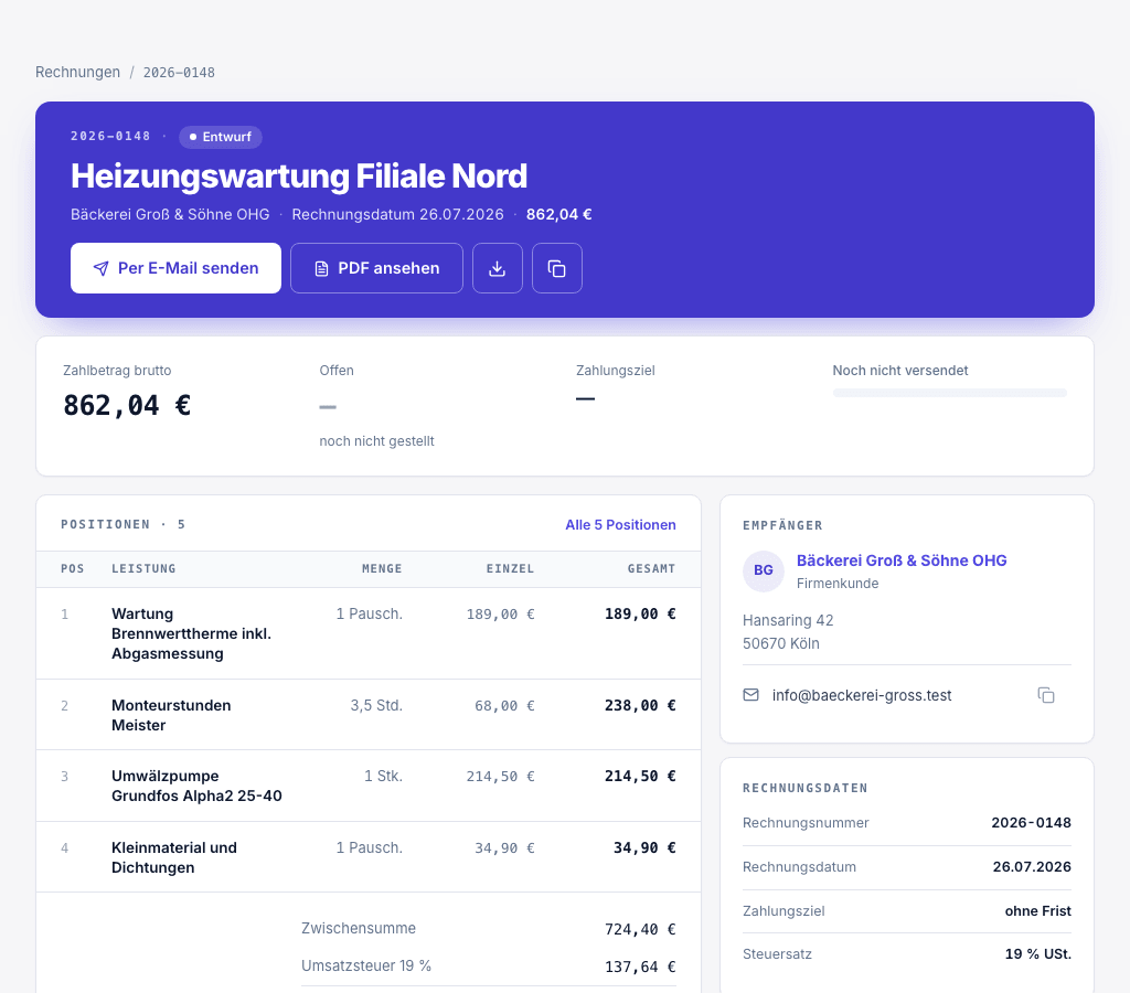 Rechnungsansicht in Werkerly mit Positionen, Zahlstand und PDF-Vorschau.